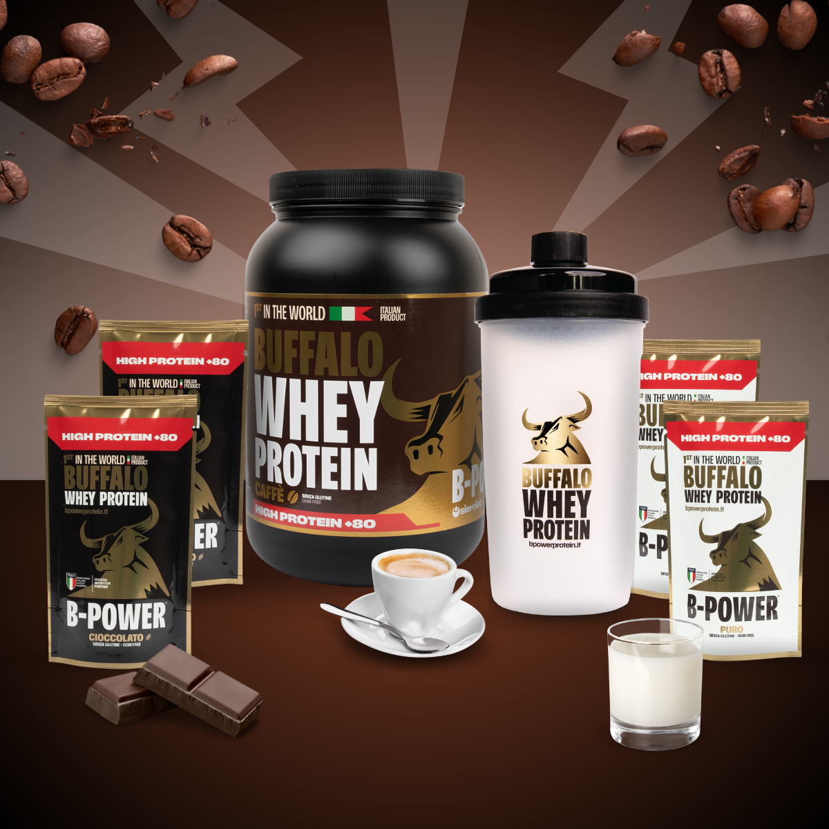 Promo Box Coffee +80 Buffalo Whey - 1kg Protein Powder Jar + Free 1 Shaker, 2 Chocolate Sachets and 2 Pure