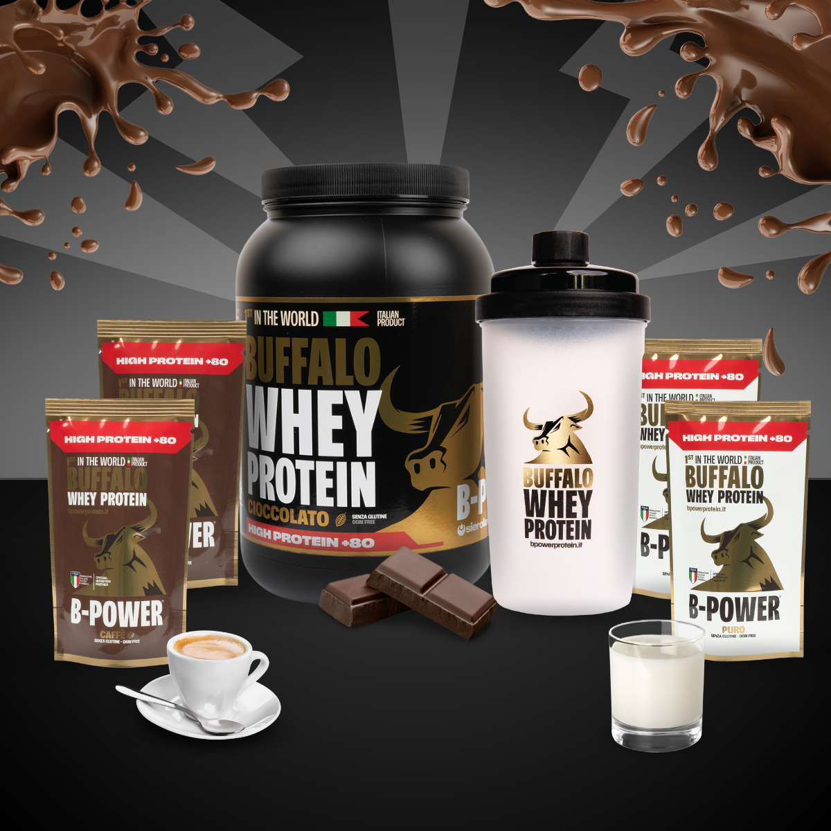 Chocolate Promo Box +80 Buffalo Whey - 1kg Protein Powder Jar + Free 1 Shaker, 2 Coffee Sachets and 2 Pure
