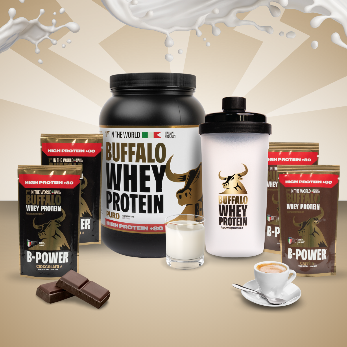 Promo Box Puro +80 Buffalo Whey - 1kg Protein Powder Jar + Free 1 Shaker, 2 Chocolate Sachets and 2 Coffees